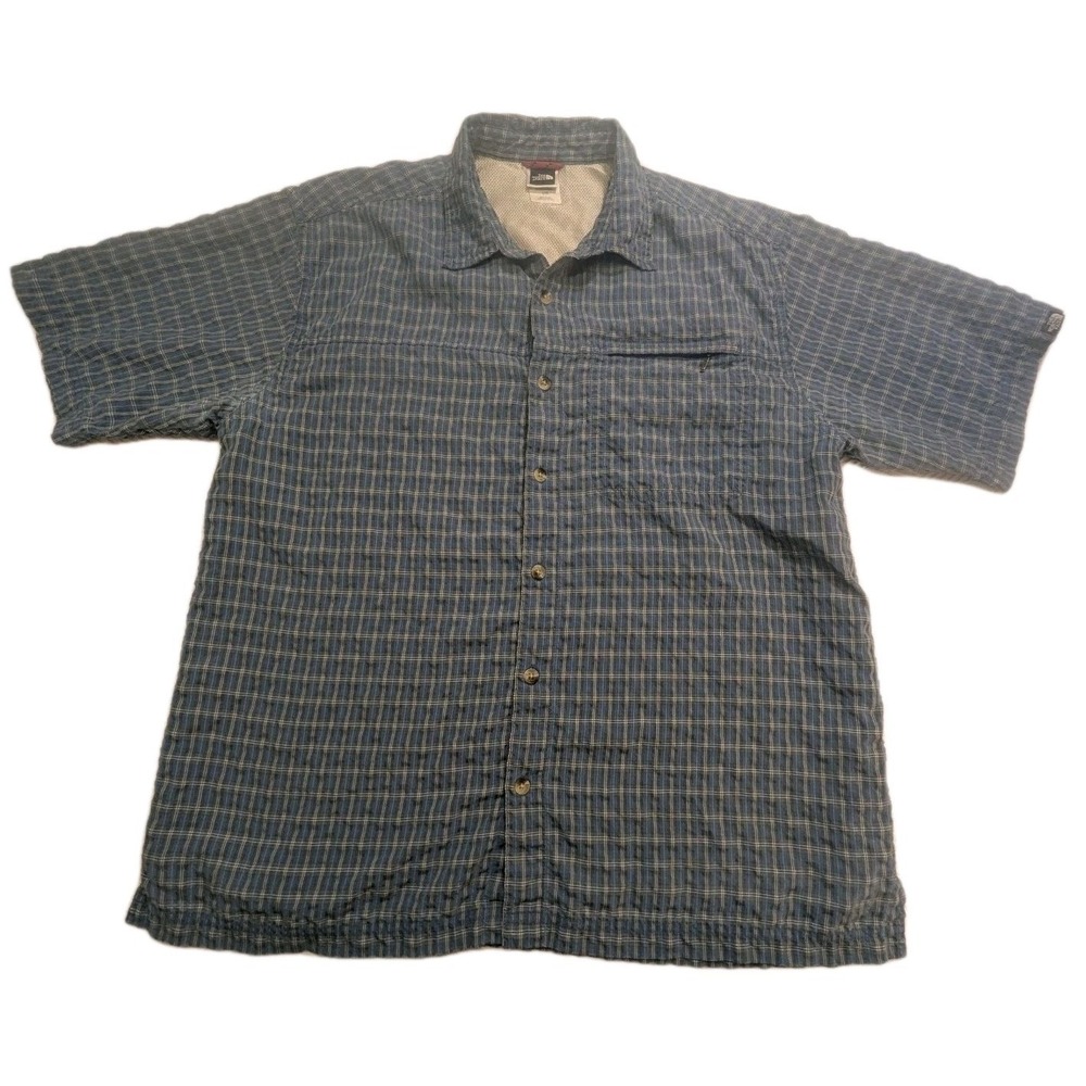 The North Face Mens Large Blue Plaid Short Sleeve Vented Hiking Fishing Shirt